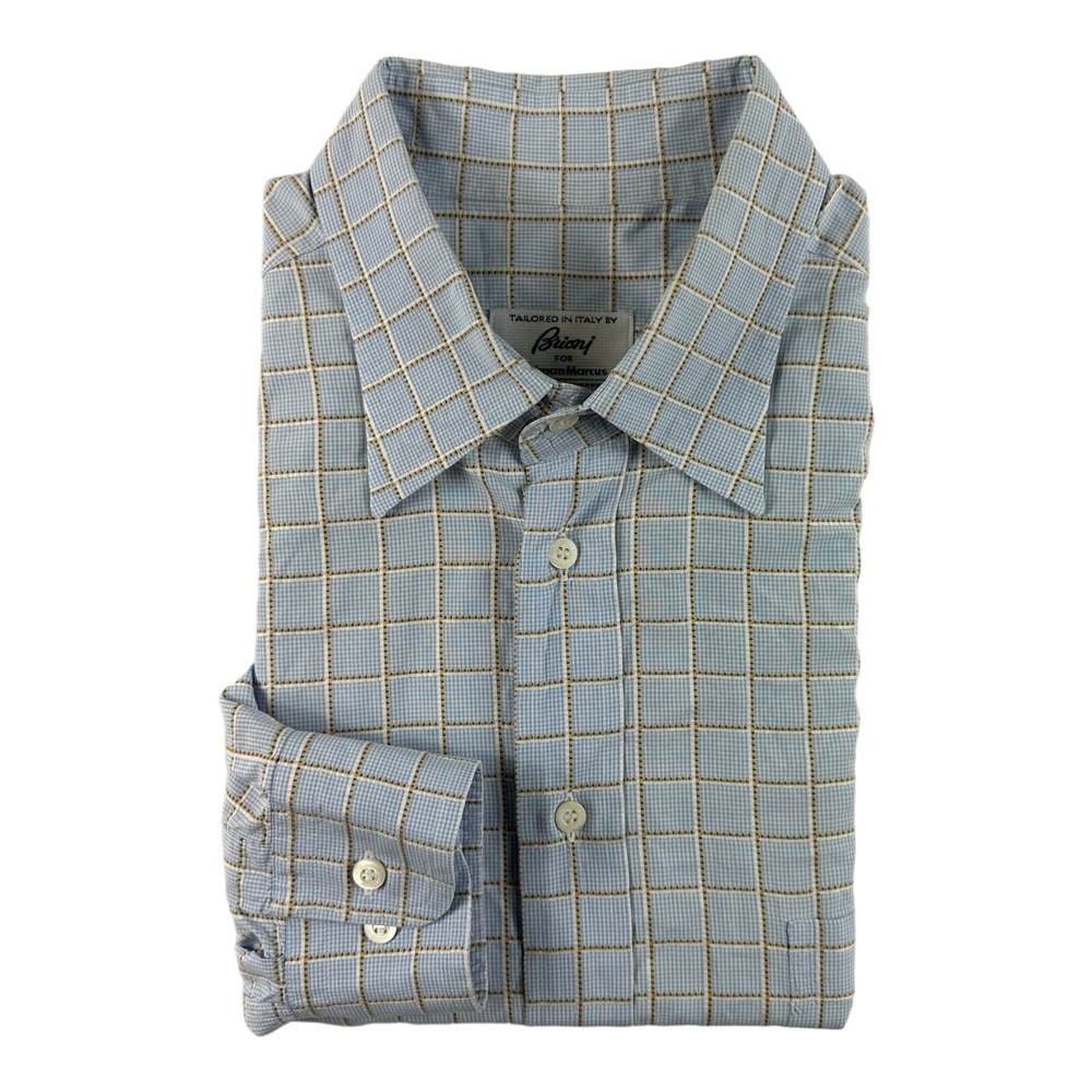 Brioni Light Blue Brown Checked Cotton Mens Button Front Shirt Size XL